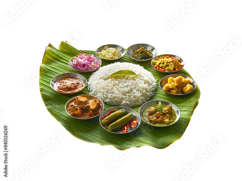 Happy Onam, an Indian festival, Kerala Onam - Sadya served on banana leaves isolated on a transparent background. Onam Vishu Pongal Diwali festival vegetarian food Kerala Tamil Nadu South India.