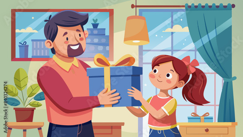 Bonding Moment: Girl Presents Big Gift to Father Vector
