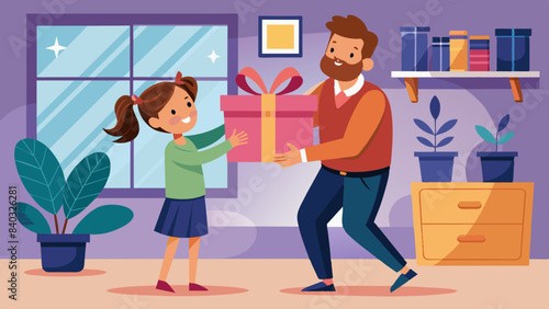 Bonding Moment: Girl Presents Big Gift to Father Vector

