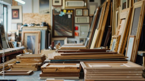 Artisanal Excellence Professional Framers Workshop with Business Cards Picture Frames and Matte Cutters Display of Crafted Artistry