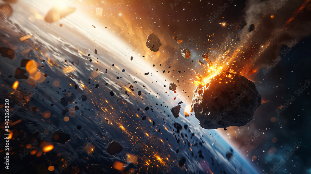 Fototapeta premium Vivid scene of a deadly meteor shower nearing a planet, surrounded by debris and fire