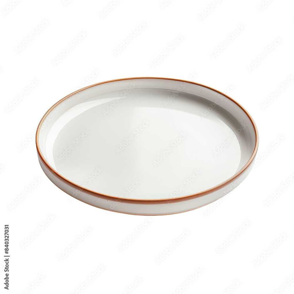 A minimalist ceramic plate with a white surface and a brown rim, perfect for modern dining settings and food photography. A minimalist ceramic plate with a white surface and a brown rim, perfect for modern dining settings and food photography.
