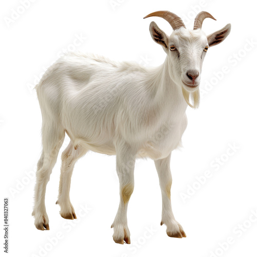A portrait of a white goat standing against a transparent background, with full-body visible and detailed fur texture. © Jenjira