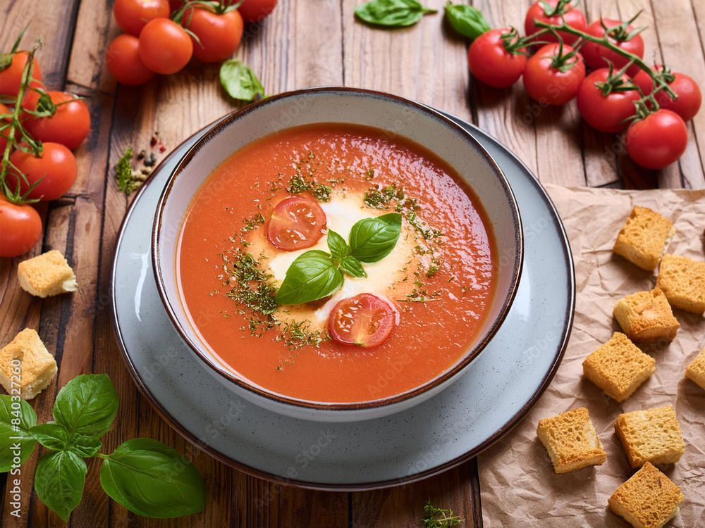 Tomato cream soup with cream, breadcrumbs and herbs on the table. Restaurant menu with cream soups. Tomato cream soup with cream, breadcrumbs and herbs on the table. Restaurant menu with cream soups.