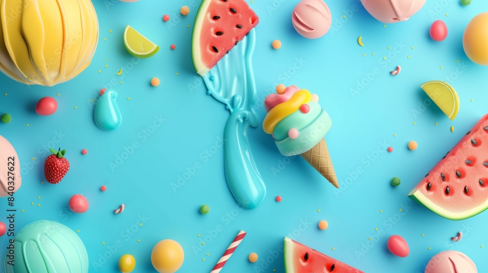 Smooth light blue background with watermelon, ball and ice cream, in the middle a lot of space for text. Smooth light blue background with watermelon, ball and ice cream, in the middle a lot of space for text.