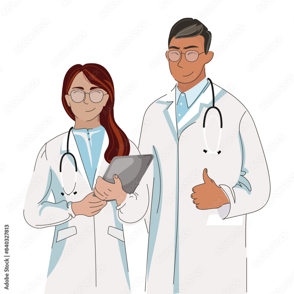 Doctors Man and Woman stand together vector illustration.Medical team of professionals.Male and Female doctor in medical coats and with stethoscopes.Health and medicine concept Doctors Man and Woman stand together vector illustration.Medical team of professionals.Male and Female doctor in medical coats and with stethoscopes.Health and medicine concept