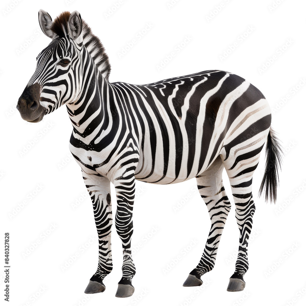 Fototapeta premium Elegant zebra standing against a white background, showcasing its unique black and white stripes in a side profile view.