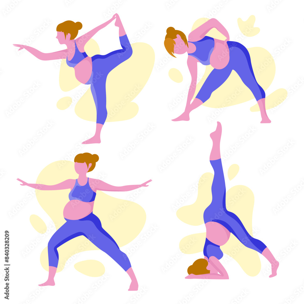 Fototapeta premium Happy Pregnant women doing sports exercises for health set.Yoga for pregnant women.Active and healthy young expectant mothers.Healthy pregnancy concept.Vector illustration