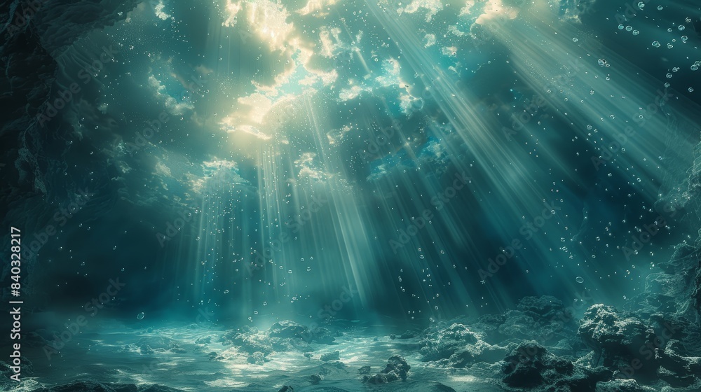 Obraz premium A surreal underwater landscape with floating particles and beams of light