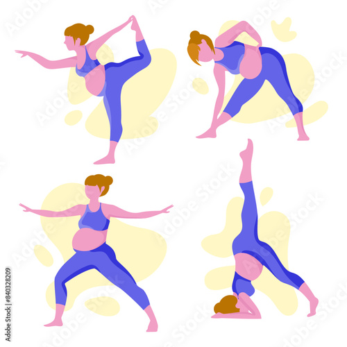 Happy Pregnant women doing sports exercises for health set.Yoga for pregnant women.Active and healthy young expectant mothers.Healthy pregnancy concept.Vector illustration