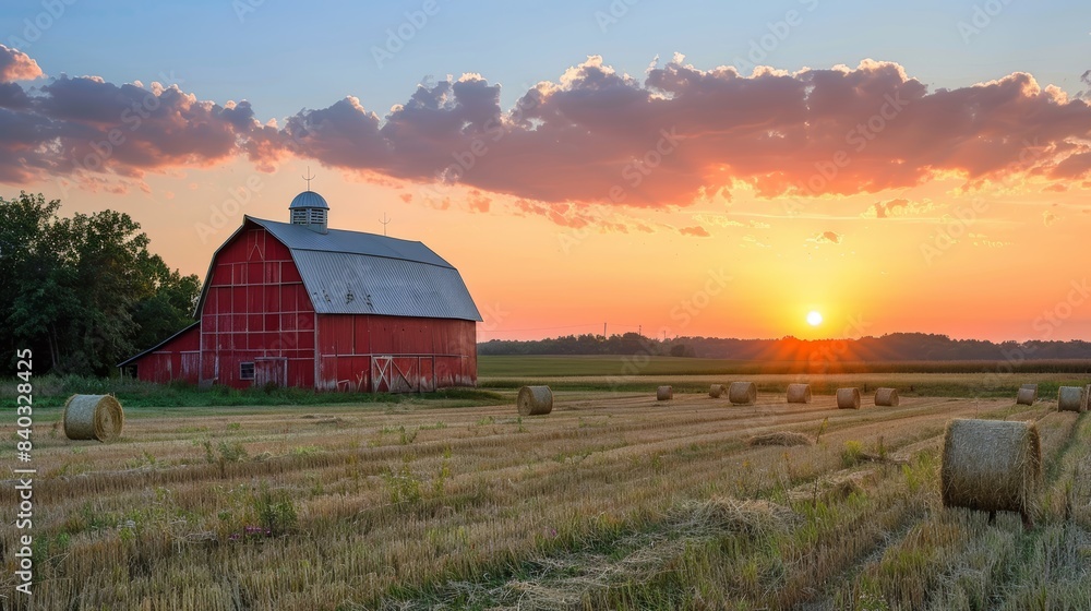 A sunset view of a red barn surrounded by hay bales in an open field, capturing the essence of countryside life A sunset view of a red barn surrounded by hay bales in an open field, capturing the essence of countryside life