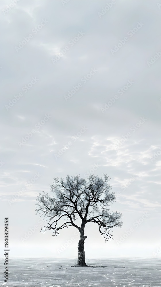 A Lone Weathered Oak Tree Stands Solitary Against a Vast Monochromatic Sky,Evoking Quiet Strength and Timelessness A Lone Weathered Oak Tree Stands Solitary Against a Vast Monochromatic Sky,Evoking Quiet Strength and Timelessness