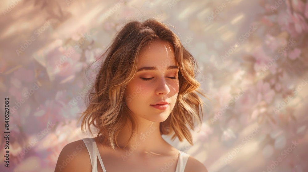 A woman with her eyes closed and a flower behind her, AI A woman with her eyes closed and a flower behind her, AI