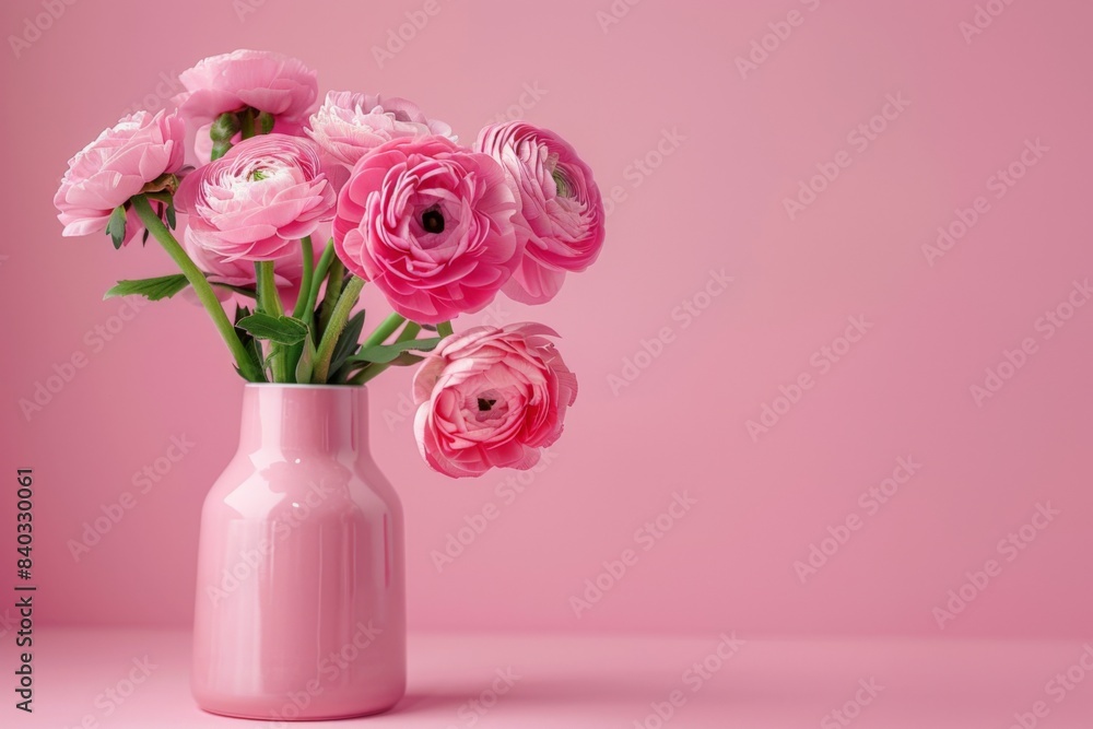 Pink ranunculus bouquet in pink vase on pink background. Copyspace Pink ranunculus bouquet in pink vase on pink background. Copyspace