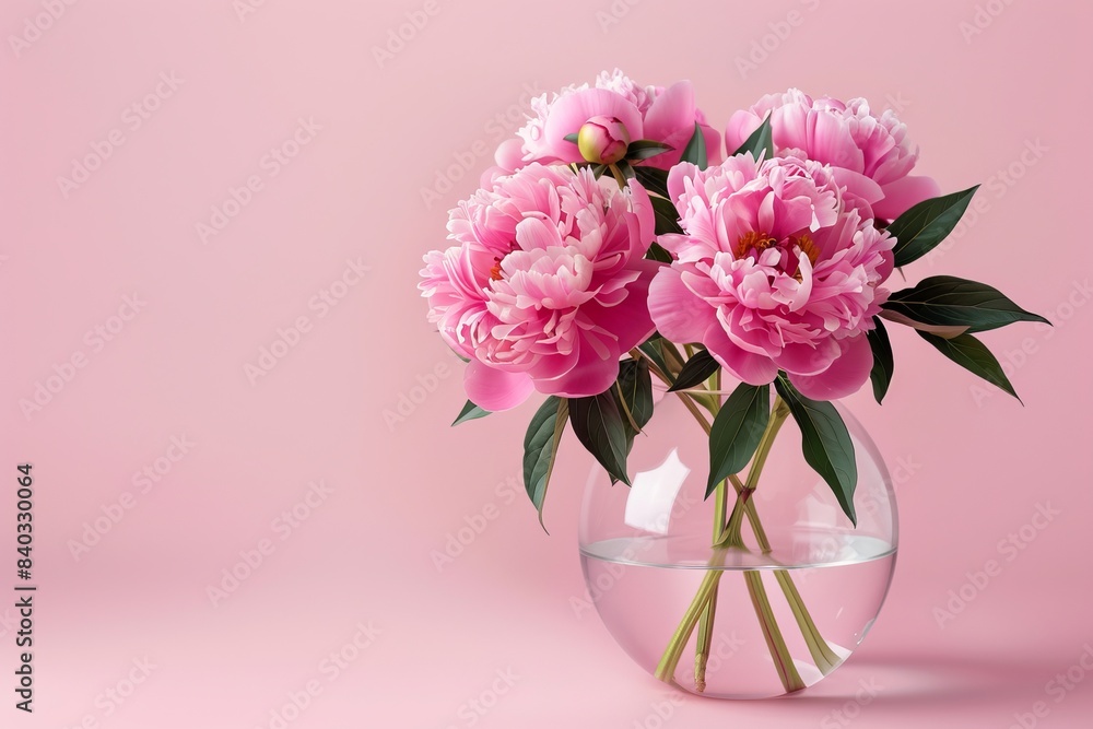 Pink peonies in a transparent vase on a pink background. Copyspace Pink peonies in a transparent vase on a pink background. Copyspace