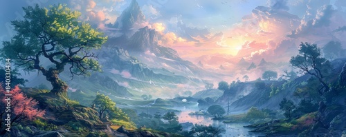 A dreamy landscape with soft, flowing forms and a tranquil, otherworldly atmosphere