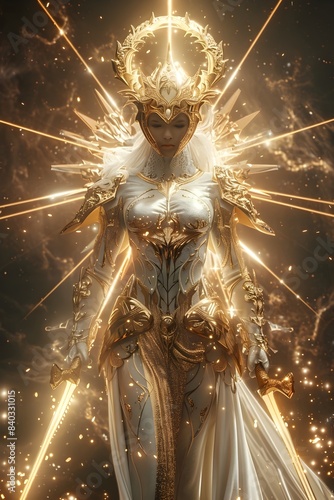 Celestial Sentinel - Ethereal Female Warrior in Shimmering White and Golden Armor,Wielding Gleaming Rapier Against Ominous Dark Fantasy Backdrop © lertsakwiman