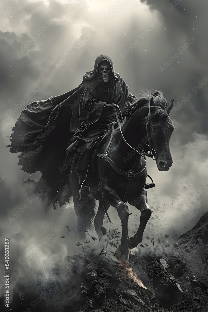 Naklejka premium Cloaked Specter of Mortality Atop Galloping Horse of Living Flame in Blasted Monochrome Landscape
