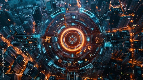 Futuristic cityscape with a digital interface overlay highlighting technology, infrastructure, and data connectivity in an urban environment.