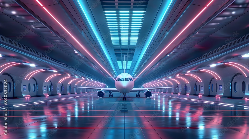 Cutting-edge International Airport with Sleek Futuristic Design and Radiant Neon Illumination Cutting-edge International Airport with Sleek Futuristic Design and Radiant Neon Illumination