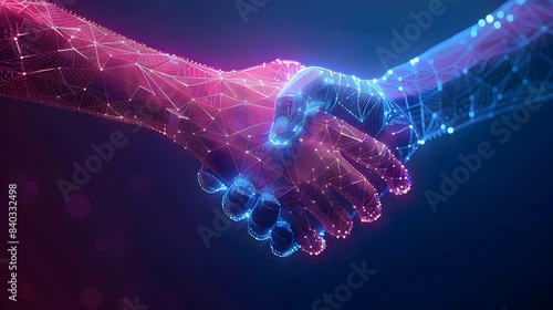 Close-up image of two wire-frame glowing hands. A handshake graphic formed by point and line connection.Finance and marketing business conclusion.Business deals, trust concept.