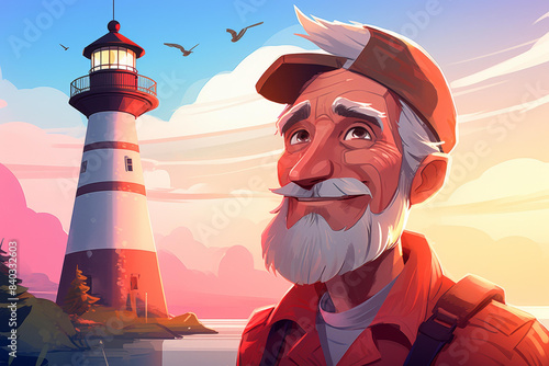 Charming cartoonstyle drawing of an elderly lighthouse keeper at dawn, showcasing a beautiful face and serene morning scene. photo