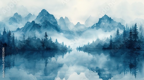 ethereal watercolor landscapes mystical mountains and serene wilderness in cool tones for artistic designs.stock photo photo
