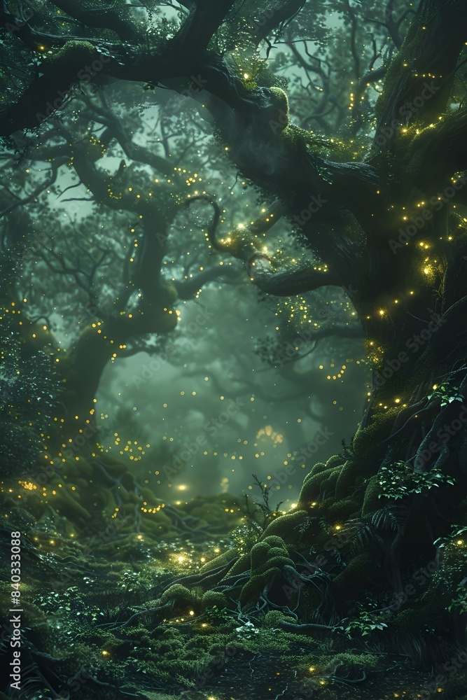 Fototapeta premium Enchanting Fairytale Forest with Glowing Mushrooms,Dancing Fireflies,and Charcoal Sketch Aesthetic