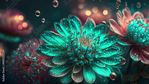 Closeup of glowing teal and peach flowers sparkling dewdrops with beautiful nature background design