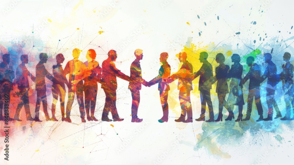 Group of multinational people shaking hands and communication network concept. Wide angle visual for banners or advertisements Group of multinational people shaking hands and communication network concept. Wide angle visual for banners or advertisements