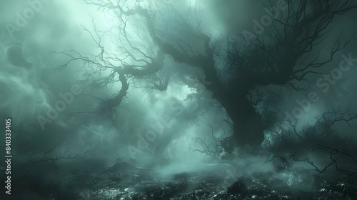Ethereal Banshee Apparitions Drifting Through Moody Blighted Woodland Atmosphere photo