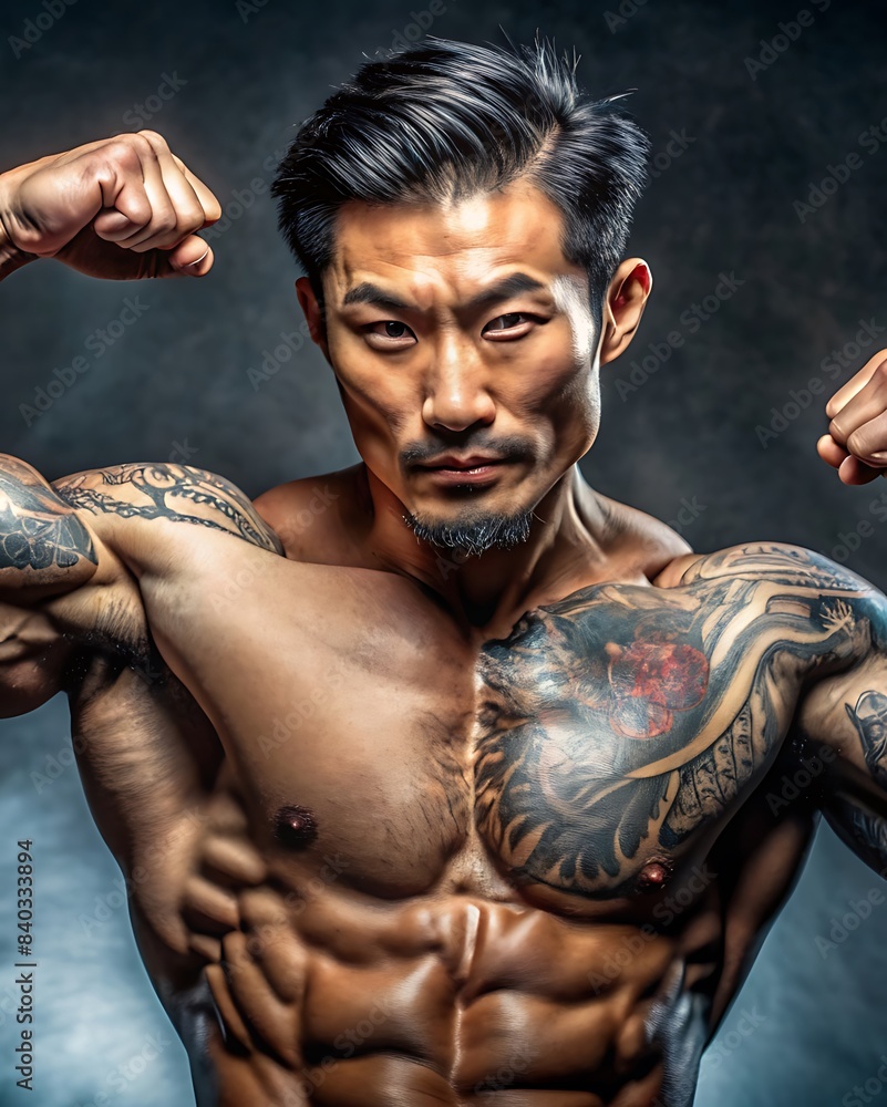A muscular Asian man with tattoos, shirtless and flexing his biceps, posing in dramatic lighting against a dark background.
A muscular Asian man with tattoos, shirtless and flexing his biceps, posing in dramatic lighting against a dark background.