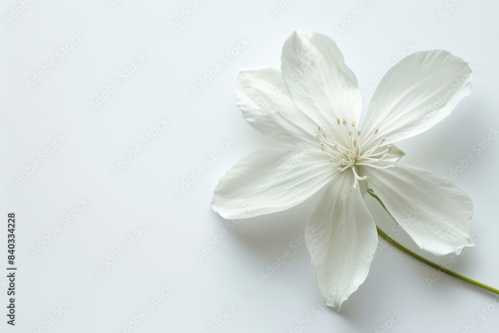 Fototapeta premium A close-up of a delicate white flower with soft petals and intricate details, set against a clean, white background