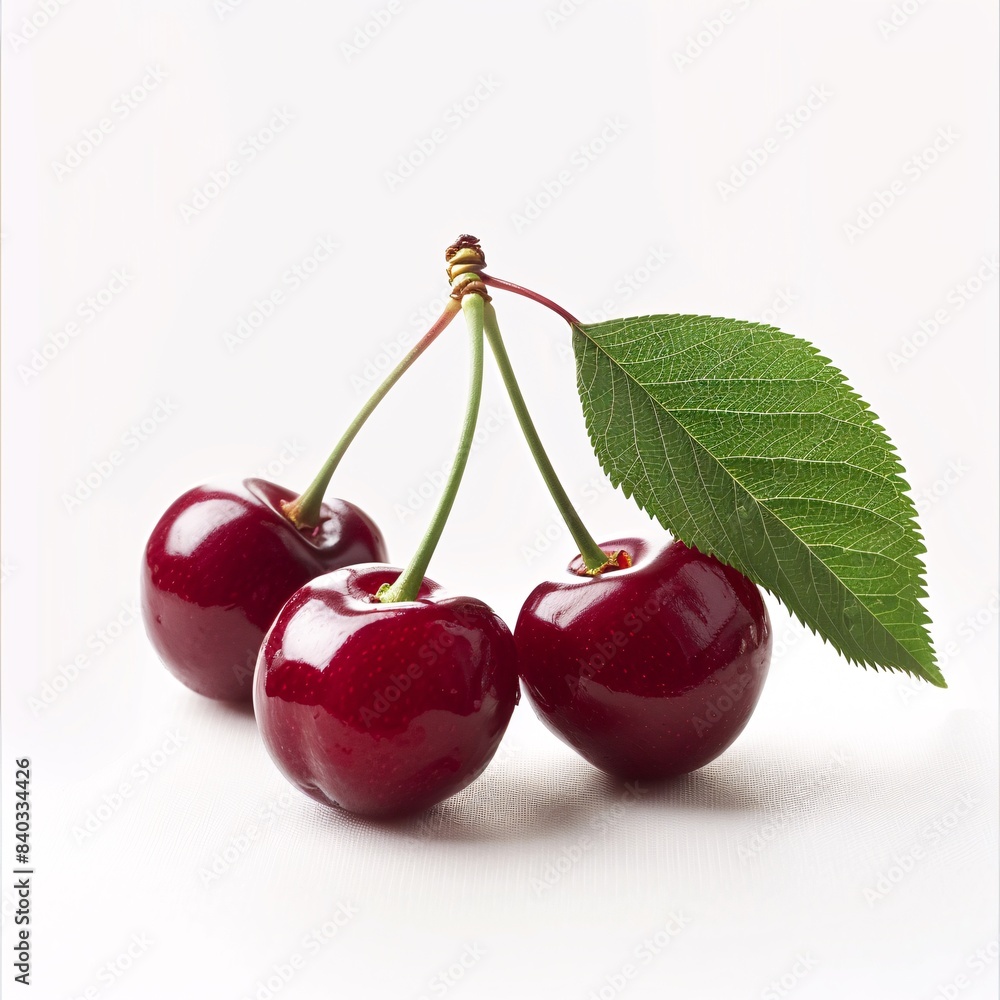 Vivid Macro Image of Three Isolated Cherries with Green Leaves on White Background | High Resolution Cherry Fruit Photo in Sharp Focus Vivid Macro Image of Three Isolated Cherries with Green Leaves on White Background | High Resolution Cherry Fruit Photo in Sharp Focus