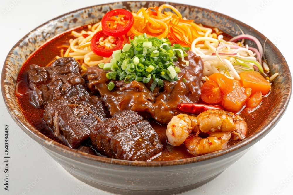 Spicy Asian beef noodle soup with fresh vegetables, artistically presented in a vibrant bowl with rich broth and garnishes in high quality food photography Spicy Asian beef noodle soup with fresh vegetables, artistically presented in a vibrant bowl with rich broth and garnishes in high quality food photography