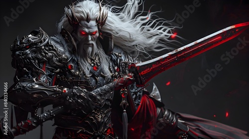 Formidable White-Maned Vampire Warlord in Ornate Obsidian-Hued Armour Gripping Deadly Glaive in Dominating Pose photo