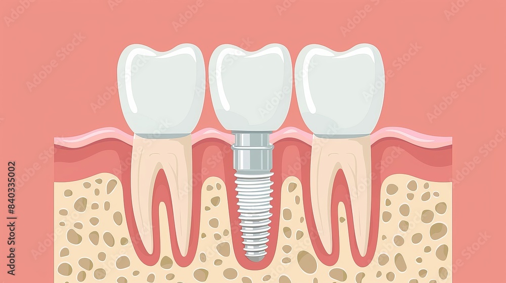Illustration of a dental implant in the jawbone between two natural teeth, showing dental anatomy. Illustration of a dental implant in the jawbone between two natural teeth, showing dental anatomy.