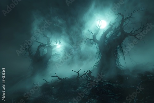 Ghostly Banshee Spirits Haunt Desolate,Fog-Shrouded Landscape with Twisted,Lifeless Trees in Cinematic,Photographic Style photo
