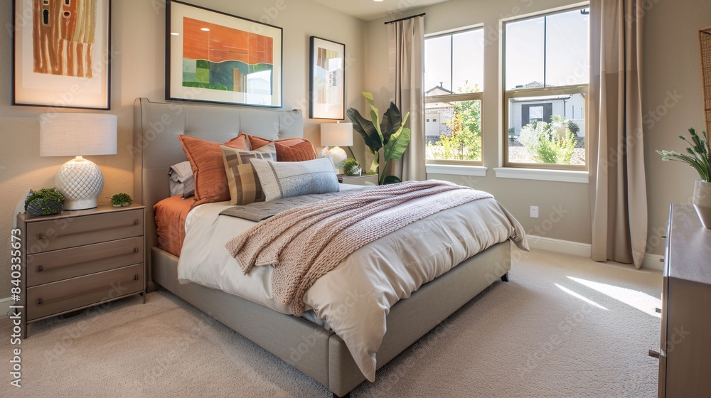 A cozy bedroom with soft lighting, plush bedding, and personal touches like family photos and artwork, creating a peaceful sanctuary for rest and relaxation in a new home A cozy bedroom with soft lighting, plush bedding, and personal touches like family photos and artwork, creating a peaceful sanctuary for rest and relaxation in a new home