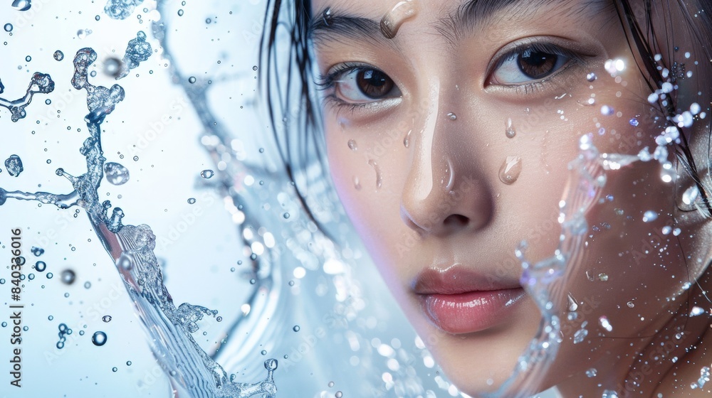 Beautiful Asian woman with clear skin with water splashes on the background