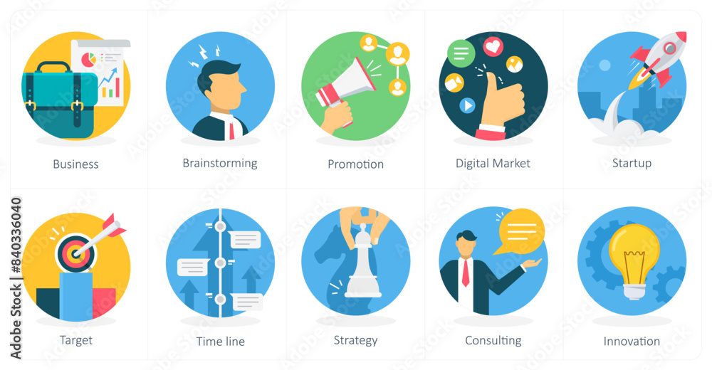 Fototapeta premium A set of 10 business icons as business, brainstorming, promotion