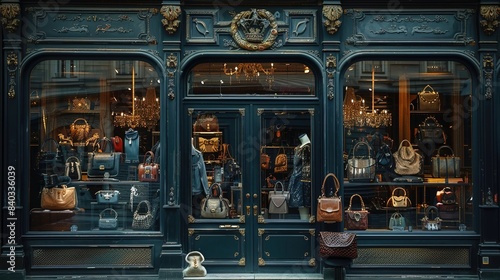 Luxury Parisian shopfront with fashion accessories in boutique window display, luxury, fashion photo