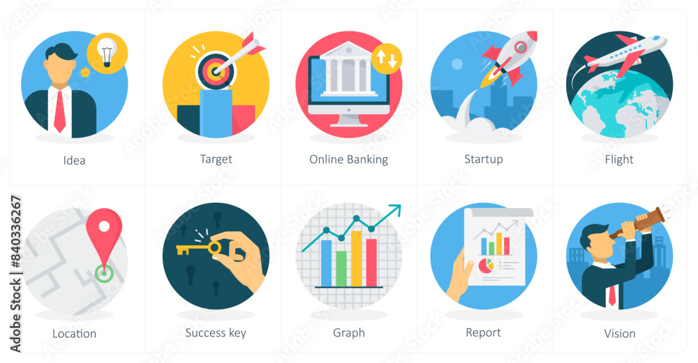 Fototapeta premium A set of 10 business icons as idea, target, online banking