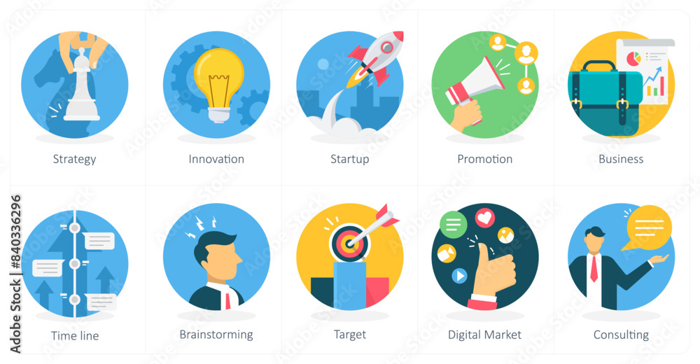 Fototapeta premium A set of 10 business icons as strategy, innovation, startup