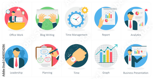 A set of 10 business icons as office work, blog writing, time management