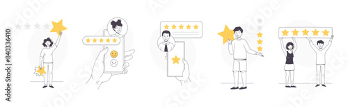 Feedback and Customer Review with People Character with Star Rating Service Vector Set