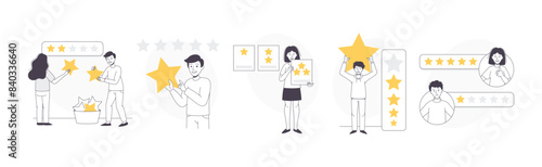 Feedback and Customer Review with People Character with Star Rating Service Vector Set