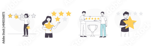 Feedback and Customer Review with People Character with Star Rating Service Vector Set