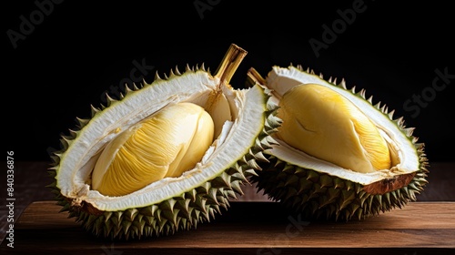 a durian fruit cut in half, 