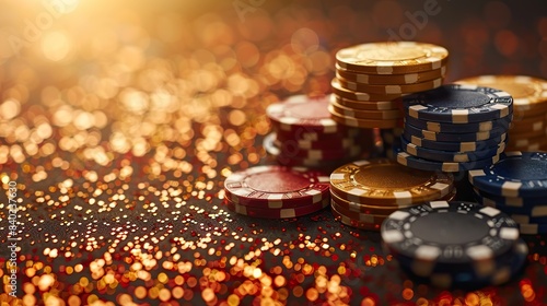 gold background and poker chips casino banner isolated on white.image illustration